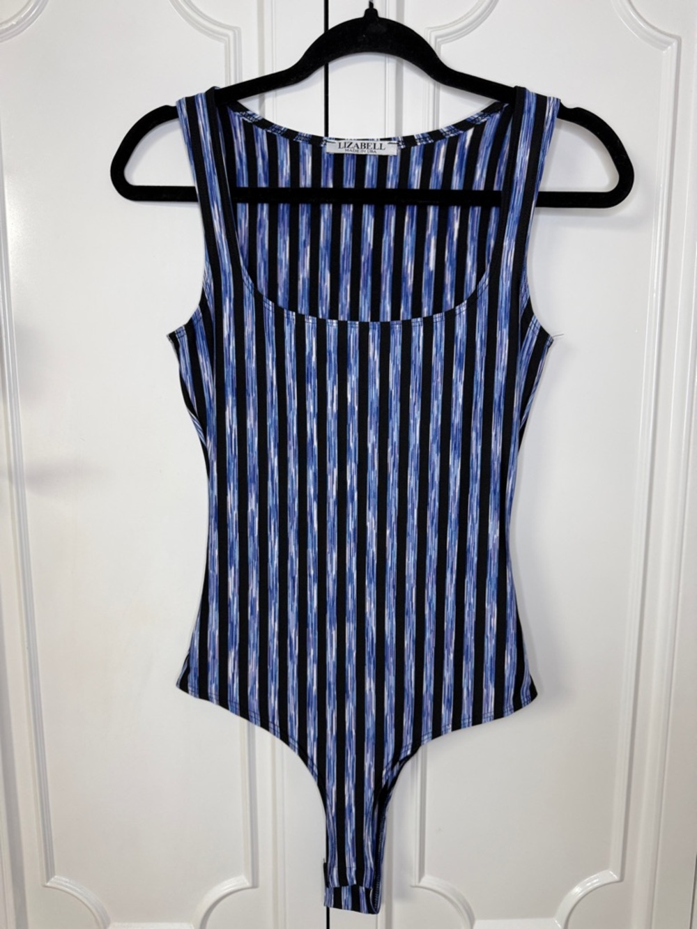 Lizabell Blue & Black Striped Scoop Neck Women’s Bodysuit Size Small